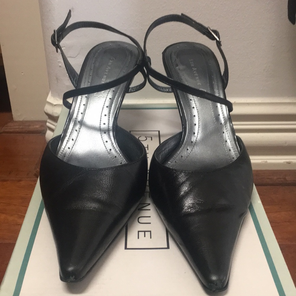 Black leather sling-back heels. Heel 3” inches. Very comfortable.